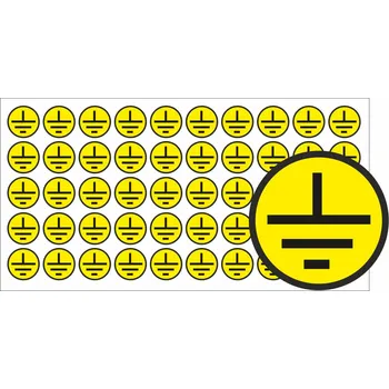 Značení Znak uzemnění v kruhu - černý tisk samolepící vinylová fólie 15 mm průměr - aršík 50ks