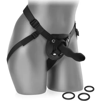 Vibrátor PEVNÝ, POHODLNÝ PÁS STRAP-ON SE SILIKONOVÝM PENISEM A SADOU KROUŽKŮ -