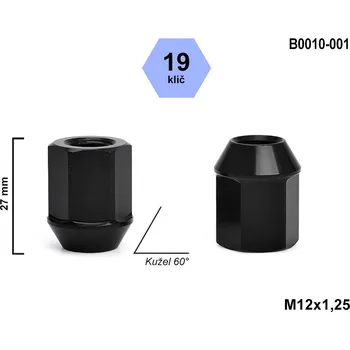 Matice na kolo Kolová matice M12x1,25 kužel otevřená, odlehčená, klíč 19, B0010-001, černá, výška 27