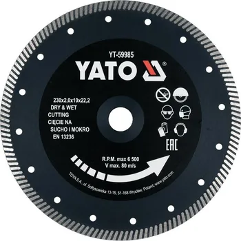 Řezný kotouč Diamantový kotouč YATO, řezný celoobvodový 230x22,2x2mm turbo s vysokým segmentem 10mm YT-59985
