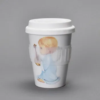 Termohrnek Porcelánový pohárek Coffee to Go s víčkem a páskou "Andílek - modrý" - 310 ml