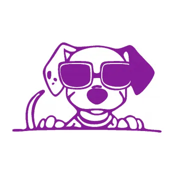 Polep vozidla SAMOLEPKA Pes s brýlemi 101 pravá v autě (14 - fialová) NA AUTO, NÁLEPKA, FÓLIE, POLEP, TUNING, VLASTNÍ TEXT, TISK, AUTOSAMOLEPKY.cz, POLEPY, OBRÁZEK, LOGO, SAMOLEPKY