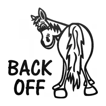 Polep vozidla SAMOLEPKA Back off levá koník (63 - škrábaný kov černý) NA AUTO, NÁLEPKA, FÓLIE, POLEP, TUNING, VLASTNÍ TEXT, TISK, AUTOSAMOLEPKY.cz, POLEPY, OBRÁZEK, LOGO, SAMOLEPKY