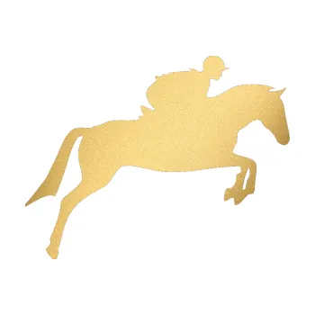 Samolepící dekorace Kůň 020 pravá skok s jezdcem (43 - zlatá metalíza) SAMOLEPKA NA AUTO, NÁLEPKA, FÓLIE, POLEP, TUNING, VLASTNÍ TEXT, TISK, AUTOSAMOLEPKY.cz, POLEPY, OBRÁZEK, LOGO, 3D STICKERS