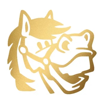 Samolepící dekorace Kůň 041 pravá veselý (43 - zlatá metalíza) SAMOLEPKA NA AUTO, NÁLEPKA, FÓLIE, POLEP, TUNING, VLASTNÍ TEXT, TISK, AUTOSAMOLEPKY.cz, POLEPY, OBRÁZEK, LOGO, 3D STICKERS