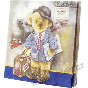 Papírový ubrousek TEDDY papírové dezertní ubrousky švihácký medvídek v klobouku a v sáčku na cestách s kufříkem 20 ks