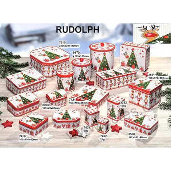 Dóza na potraviny RUDOLPH plechová dóza na sladkosti 2903 dárky pod vánočním stromečkem a vykukující sob