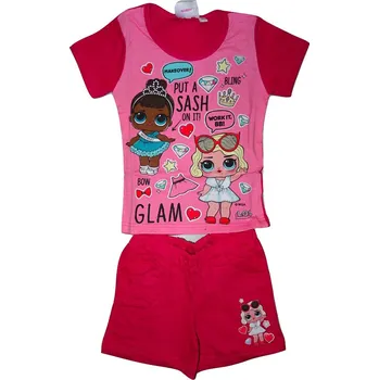 Dívčí růžovočervený letní set s tričkem a kraťasy s panenkou L.O.L. Surprise. 110
