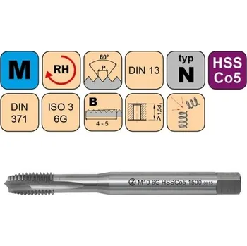 Závitořezný nástroj NÁSTROJE CZ Strojní závitník /CZZ1500/ ISO3 pro metrický závit s přímou drážkou a lamačem třísek CZZ Závit: M10 ISO3