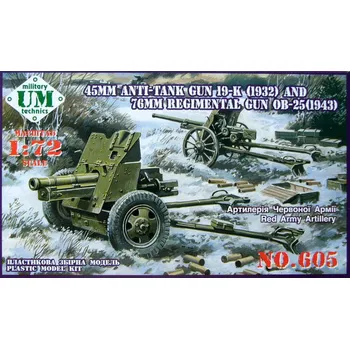 Plastikový model Unimodel 1/72 45mm Antitank gun 19-K & 76mm reg.gun OB25