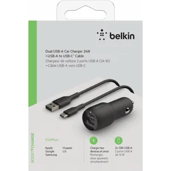 Belkin USB-A autonabijecka, 24W 1m USB-C kabel sw. CCE001bt1MBK