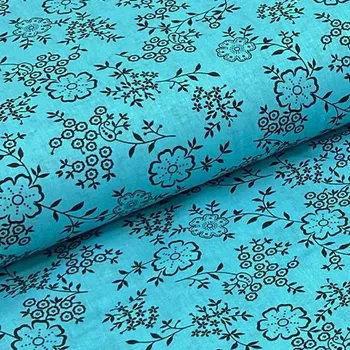 Bavlněné plátno P0532 aqua, černý květinový vzor, š.140