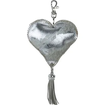 Klíčenka šedo stříbrné srdce s třásní z hovězí kůže - 10*10*5cm