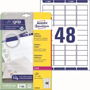 Samolepící etiketa Avery Zweckform L7636-25 Adresní etikety 45,7x21,2 mm, 1200 ks, bílé + online software pro tisk etiket + tiskové šablony ke stažení zdarma