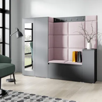 Předsíňová stěna Eka Předsíňová stěna s čalouněnými panely Trinity 27 - Grafit / Světlá růžová 2319