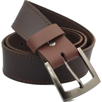 Opasek opaskujse Kožený opasek XXL, kůže tmavě hnědá v kombinaci se světle hnědou, prošití hnědé, jednotrnová spona, leštěná hranatá, kovová Délka opasku: 125 cm