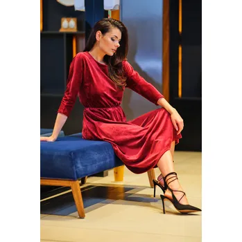 Dámské šaty Šaty midi s 3/4 rukávem, z příjemného sametu A407 Barva: Vínová, Velikost: XL