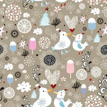 Softshell potisk , ptáčci na bruslích, hnědý podklad, metráž, látka funkční materiál