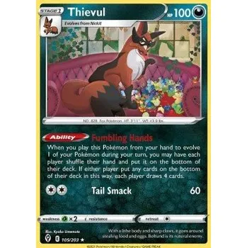 Karetní hra Pokémon EVS 105/203 Thievul - Evolving Skies Stav: Near Mint, Verze: REVERSE HOLO
