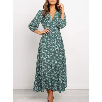 Dámské šaty Květované maxi šaty s výstřihem do V Velikost: L, Barva (Varianta): Zelená