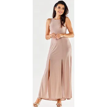 Dámské šaty Dlouhé elegantní šaty vypasované A549 Barva: Béžová, Velikost: S