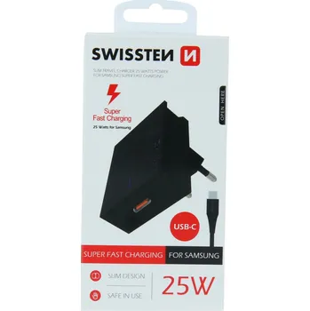 Swissten síťový adaptér pro samsung super fast charging 25w + datový kabel usb-c/usb-c 1,2 m černý