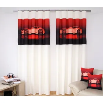 Závěs Krémově červený závěs pro kluky s motivem auta Šířka: 160 cm | Délka: 250 cm (v sadě jsou 2 kusy)