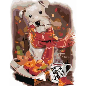 Malování podle čísel - Bílý knírač a šálek čaje, 40x50 cm, bez rámu a bez vypnutí plátna