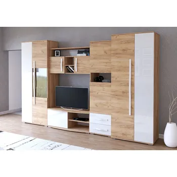 Obývací stěna Eoshop Obývací stěna Aura, Dub craft zlatý / bílý lesk / bez osvětlení