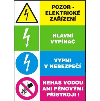 Značení Pozor el.zař.Hl.vyp.Vypni v neb.Nehas vodou samolepka