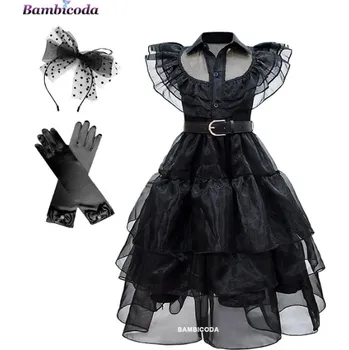 Karnevalový kostým Dětské šaty (kostým) Wednesday Addams řasená sukně (C1) Varianta: šaty + rukavice + čelenka, Velikost: 150 (9-10 let)