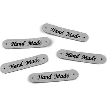 Koženkový štítek - Hand made 10x48 mm, světlá šedá