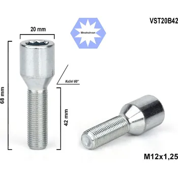 Šroubek na kolo Kolový šroub M12x1,25x42 kužel s vnitřním mnohohranem, VST20B42, Ø 20mm, výška 68 mm