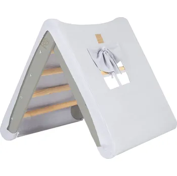 Dřevěná hračka MeowBaby Dětský dřevěný žebřík trojúhelník Pikler s domečkovým potahem: šedý, potah šedomodrý