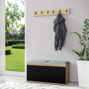 Předsíňová stěna Eka Předsíňová stěna s čalouněnými panely Trinity 5 - Dub Artisan s černou / Světlá modrá 2322