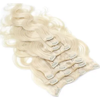Příčesek Clip in vlasy vlnité 100% lidské REMY 50cm - platina