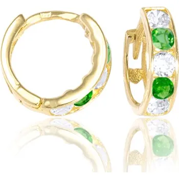 Náušnice GEMMAX GBEYZ1592 Zlaté dětské náušnice kroužky Ø 10 mm, čirý bílý a jasně zelený zirkon – zlatý šperk ryzosti 585/1000 v Dárkovém balení s Certifikátem GBEYZ-10-15921