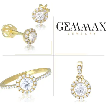 Souprava šperků GEMMAX "" Souprava zlatých šperků se zirkony - náušnice, prsten a přívěsek – zlatý šperk ryzosti 585/1000 v Dárkovém balení s Certifikátem GLSYB-17221-17401-17421