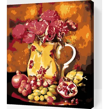 Malování podle čísel - Červené květy a ovoce Velikost: 30x40cm, Rámování: Pouze srolované plátno