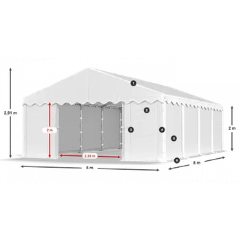 Zahradní stan Skladový stan 5x8x2m střecha PE 240g/m2 boky PE 240g/m2 konstrukce LÉTO Šedá Šedá