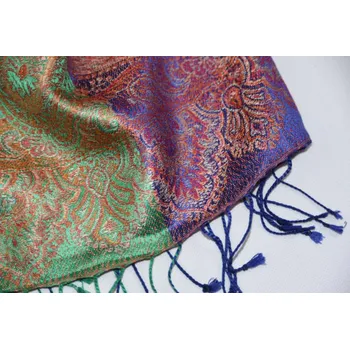 Šála Hedvábná šála Jamawar střední - mátově zelená a ultramarinová s ornamenty 2