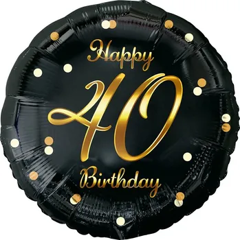 Fóliový balónek Number 40 Birthday, Happy 40 Birthday, černý, zlatý potisk, 45 cm