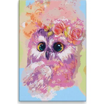 Dětské zboží Malování podle čísel - Růžová sova s květem - 40x60 cm, bez dřevěného rámu - CZ výroba