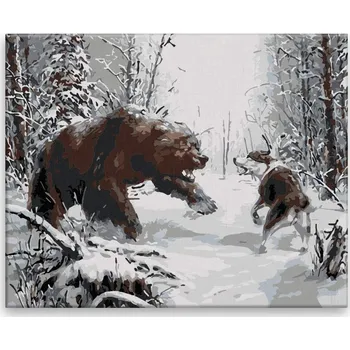 Malování podle čísel - Souboj medvěda se psem - 50x40 cm, bez dřevěného rámu - CZ výroba