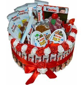 Dárkový potravinový koš RK Dekorace Kinder jednopatrový dort se svíčkou 24 cm