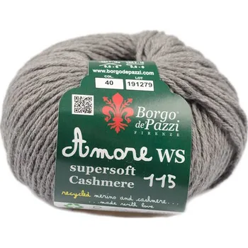 Příze Borgo de' Pazzi Amore WS Super soft Cashmere 115 středně šedá 40 (Super soft Cashmere 115 grigio medio 40)