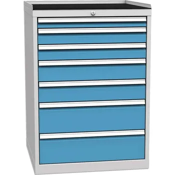 Zásuvková dílenská skříňka, 7 x zásuvka, v x š x h: 1030 x 720 x 700 mm, barva šedá RAL7035/ modrá RAL5012