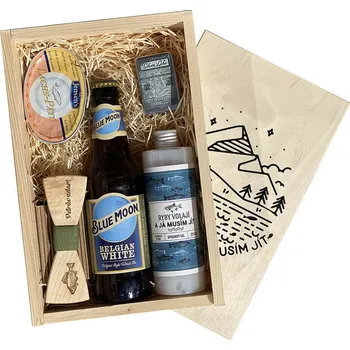 Dárkový potravinový koš Dárková dřevěná bedna malá – Ryby volají a já musím jít