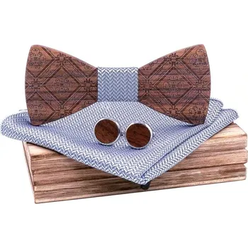 Motýlek Set dřevěného motýlku, kapesníčku a manžetových knoflíčků - Královský, stříbrný