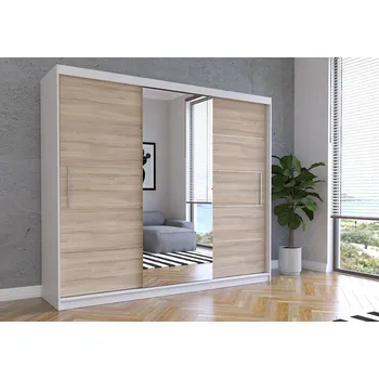 Šatní skříň Eoshop Šatní skříň Jessica I 250 cm, Bílá / Dub Sonoma se zrcadlem, Osvětlení: Ne